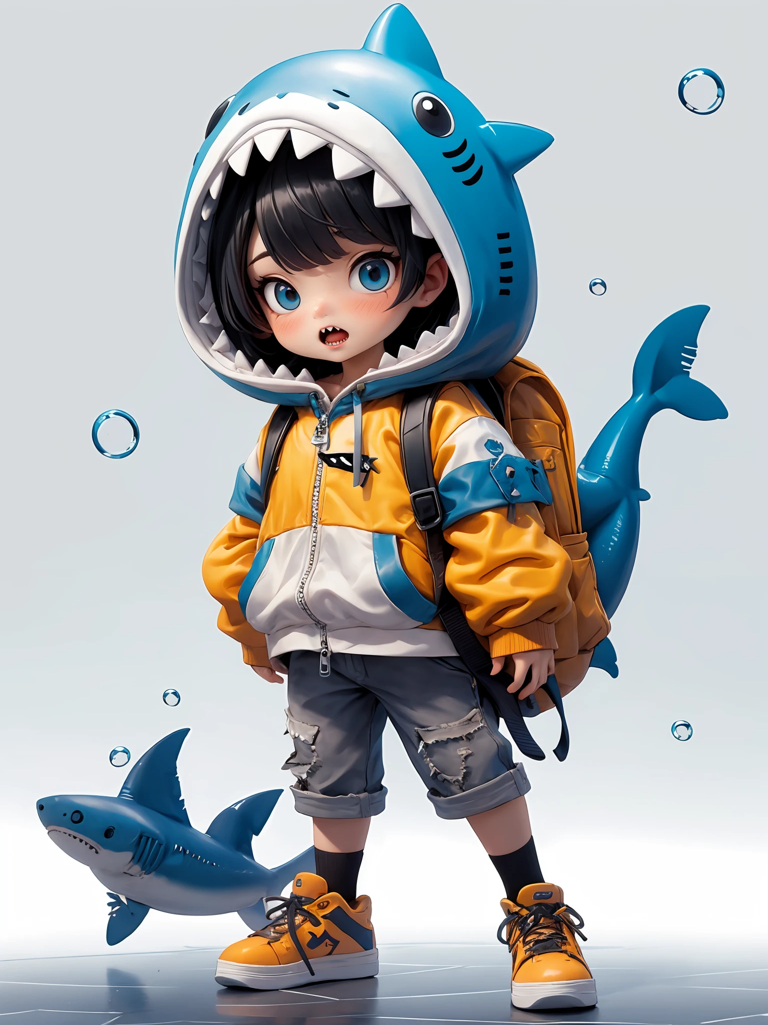 hezi, 3d, Bubble Mart, rich color, q version, 1girl, virtual youtuber, gawr gura, blue eyes, solo, hood, blush, full body, blue hair, shoes, zipper, hood up, child, bag, shark hood, fish tail, tail, multicolored hair, long sleeves, female child, shark tail, grey hair, blue footwear, zipper pull tab, animal hood, looking at viewer, bloop \(gawr gura\), black hair, holding, backpack, jacket, standing, white background, sharp teeth, reflective floor, bangs, white jacket, adapted costume, reflection, simple background, shark costume, teeth, short hair, streaked hair, sneakers, blunt bangs, cosplay, gradient background, gradient, hoodie, animal costume, chibi, shark, brown hair<lora:Bubble Mart-000004:0.6>