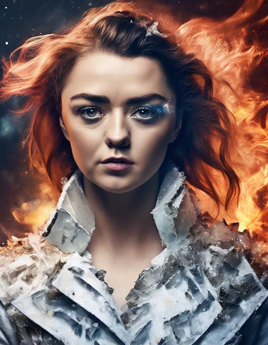 <lora:Maisie Williams:1.0> mswllmsarst woman,  ice, fire, space fragmentation, messy hair, serious, glowing hand, surreal, upper body, dynamic pose, Travel through time and space, fantasy theme, ultra highres, sharpness texture, High detail RAW Photo, detailed face,