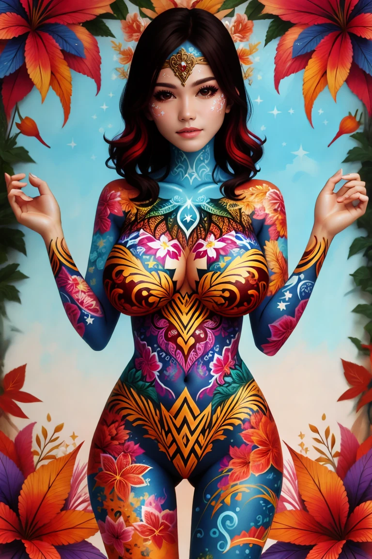 (((Ultra-HD-quality-details))) 1girl, colorful-ww-body-painting, huge breasts, cleavage <lora:ww-body-painting:0.8>