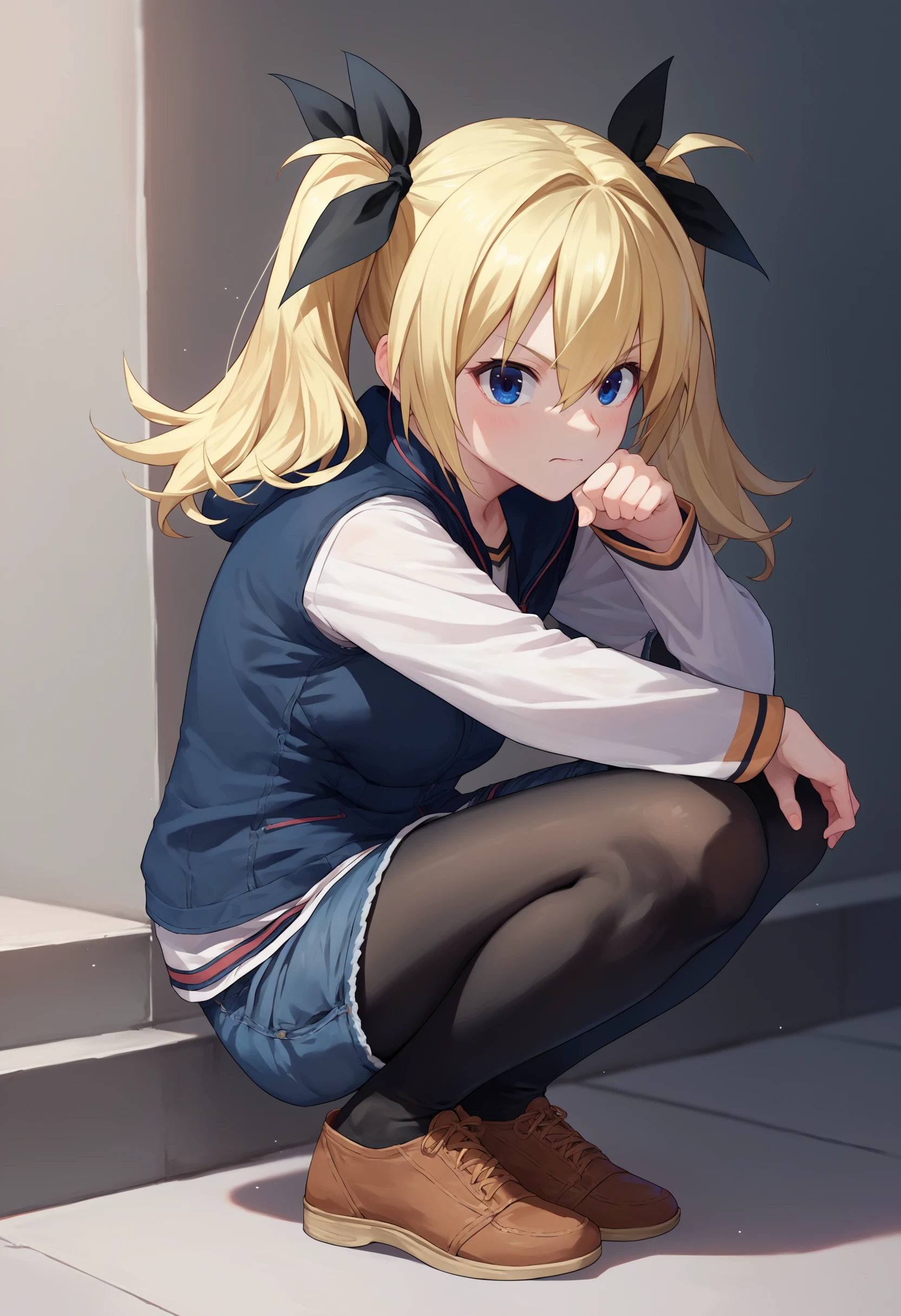 score_9, score_8_up, score_7_up, source_anime, 1girl, <lora:ArimuraCAME-000008:1>, HinaCasual, blue eyes, blonde hair, twintails, black hair ribbon, black hooded jacket, denim shorts, pantyhose,white sleeves, squatting,