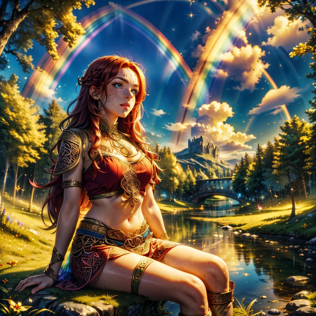 Masterpiece,absurd resolution,8k,BucketGoldUnderTheRainbow,celtic style,1girl,red hair,freckles,celtic clothes,,nice hands,,sitting,looking up,looking at viewer,view from above,detailed hands,cute girl holding on her lap big bucket of gold and gems, under rainbow, rainbow, no humans, gem, tree, crystal, scenery, treasure chest, outdoors, sky, gold, gems,<lora:add_detail:0.6> ,<lora:colorfix:0.6>, <lora:BucketGoldUnderTheRainbowSD:0.6>