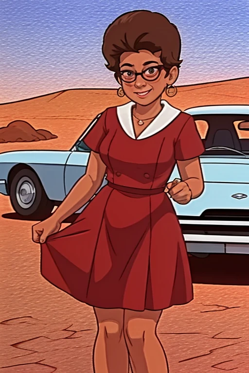 <lora:Connie Bake:0.95> connie_tpir, woman, middle age, brown hair, hair in bun, hoop_earrings, 1960s, black frame glasses, red_dress, nametag on chest, jewelry, necklace, smile, red_shoes, at a car show,<lora:LCM_SD15:1.0>