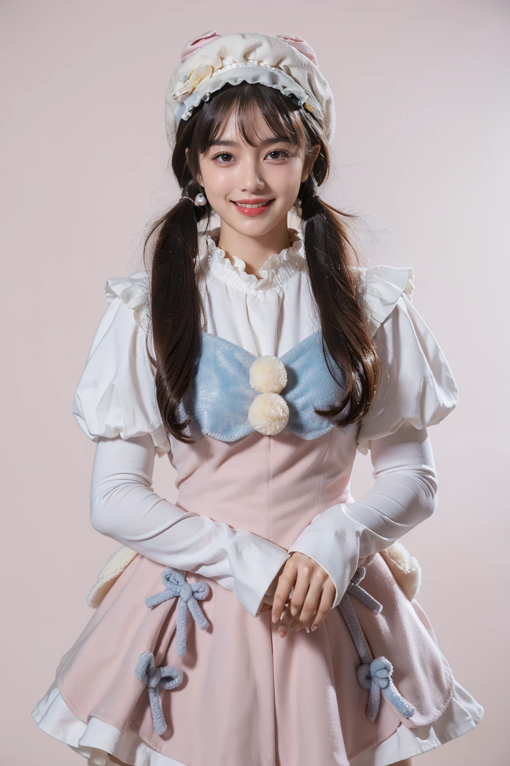 best quality, masterpiece, realistic, photorealistic, 1girl, solo, looking at viewer, smile, low twintails, bangs, standing, cowboy shot, cyb dress, pink dress, dress, pom pom, bow, long sleeves, puffy sleeves, hat, simple background, pink background, <lora:cute_attire_style2_v1:0.75>