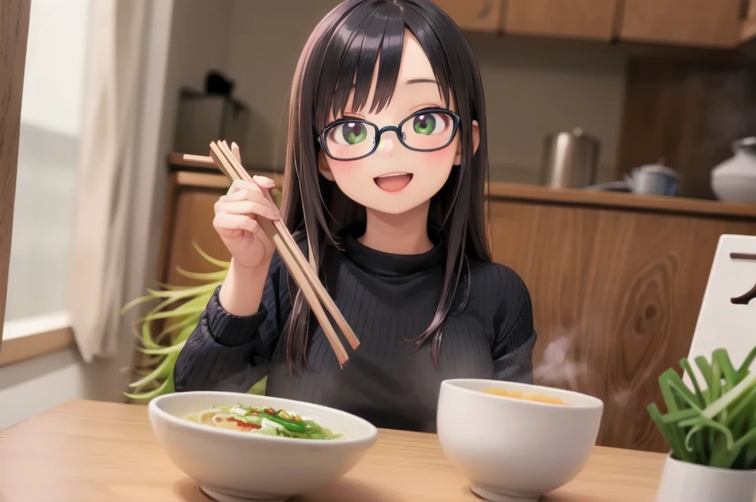 masterpiece, best quality,
1girl, solo, glasses, black hair, long hair, white ribbed sweater, happy, smile, looking at viewer, open mouth, solo focus, sitting, across table, 
kitsuneudon, food, realistic, bowl, noodles, food focus, still life, chopsticks, spring onion, soup, steam, blurry
 <lora:kitsuneudon_SD15_V1:0.8>