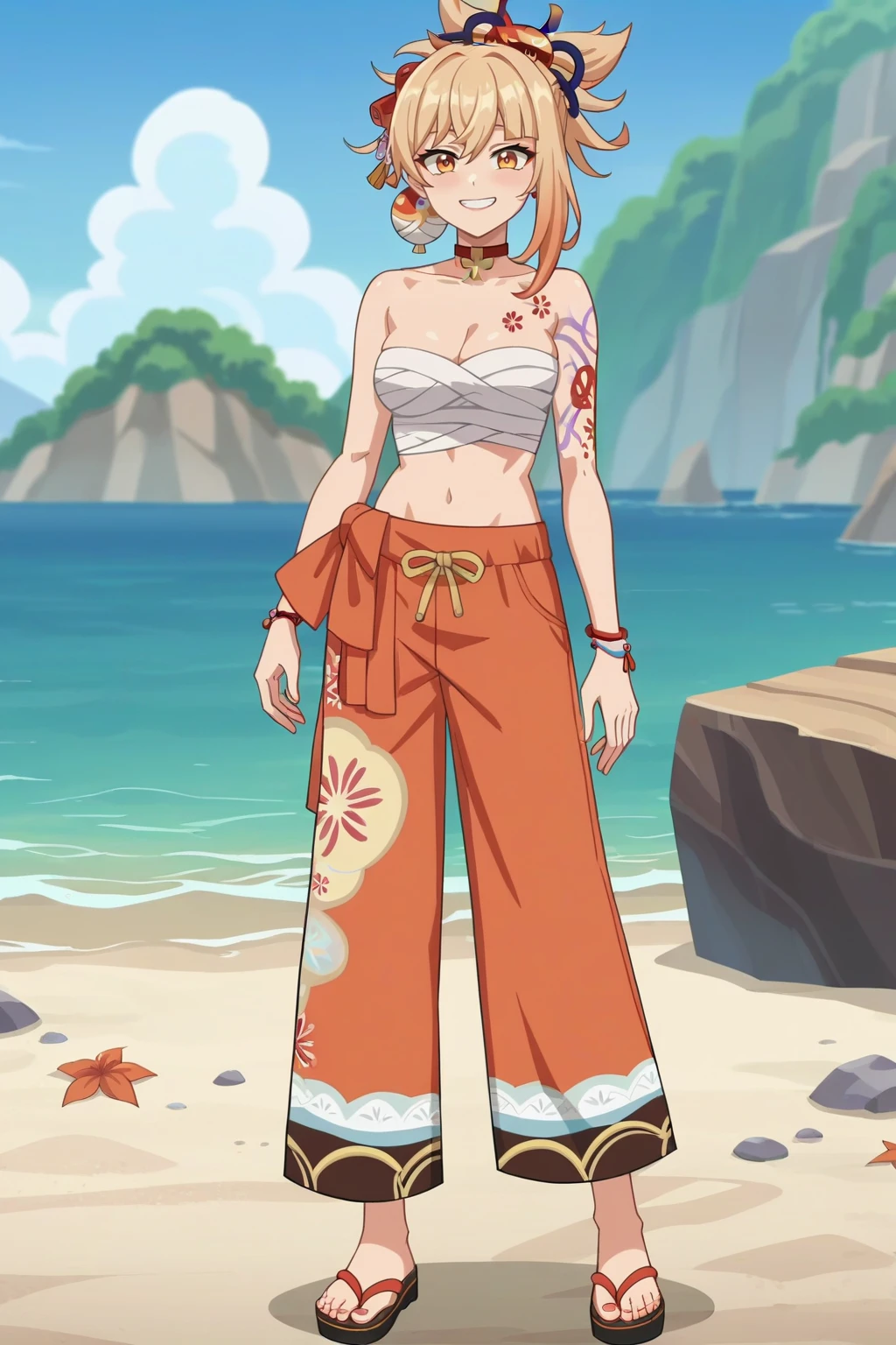 (((tiger girl))), (((pink hair))) (((smile))), (((full body))), (((standing pose))), (((bikini top))), ((((long and baggy Belly Dance Harem Pants)))), (((bare feet))), (((fully detailed)))