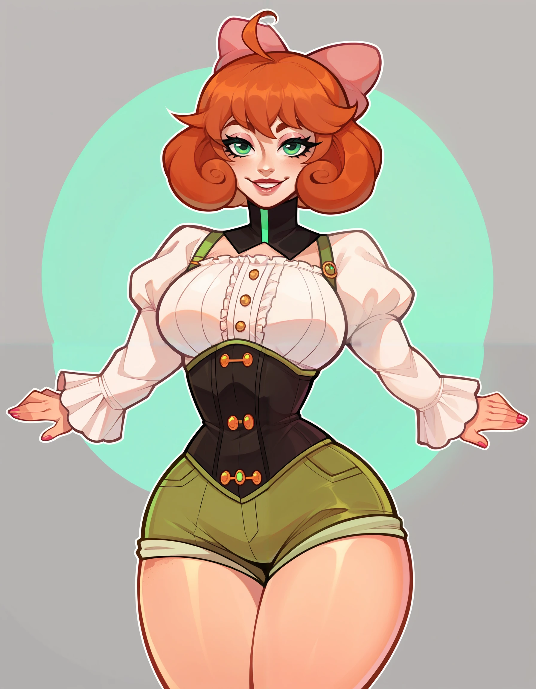 score_9, score_8_up, score_7_up, 1girl, solo, Penny Polendina, large breasts, lip gloss, smile, wide hips, narrow waist, (gorget:1.2), (neon trim:1.2), short hair, (corset:1.2), shorts, white blouse, pink bow <lora:PennyPolendinaPDXL:1>