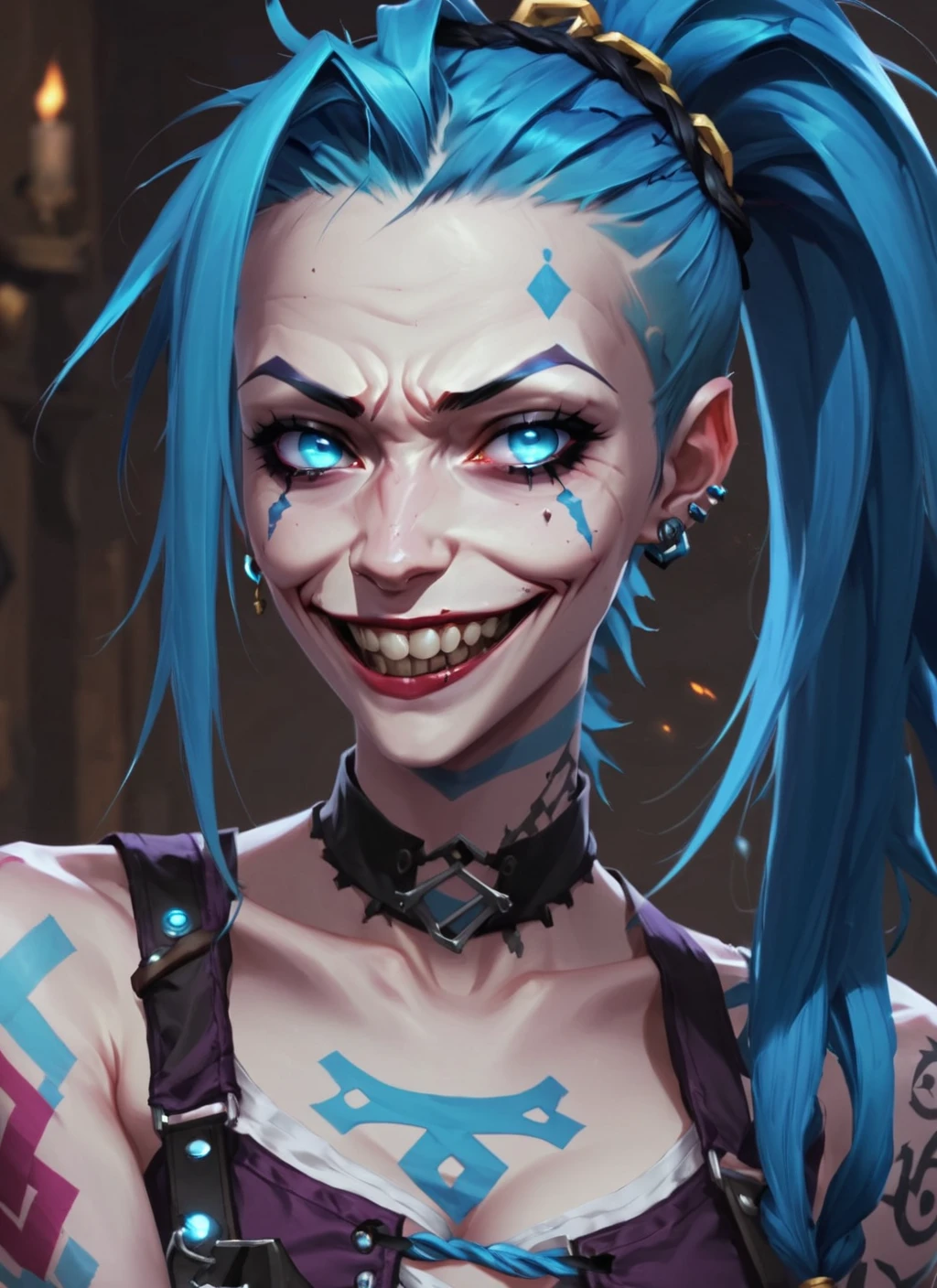 arcane anime style, jinx, mischievous mid shot portrait