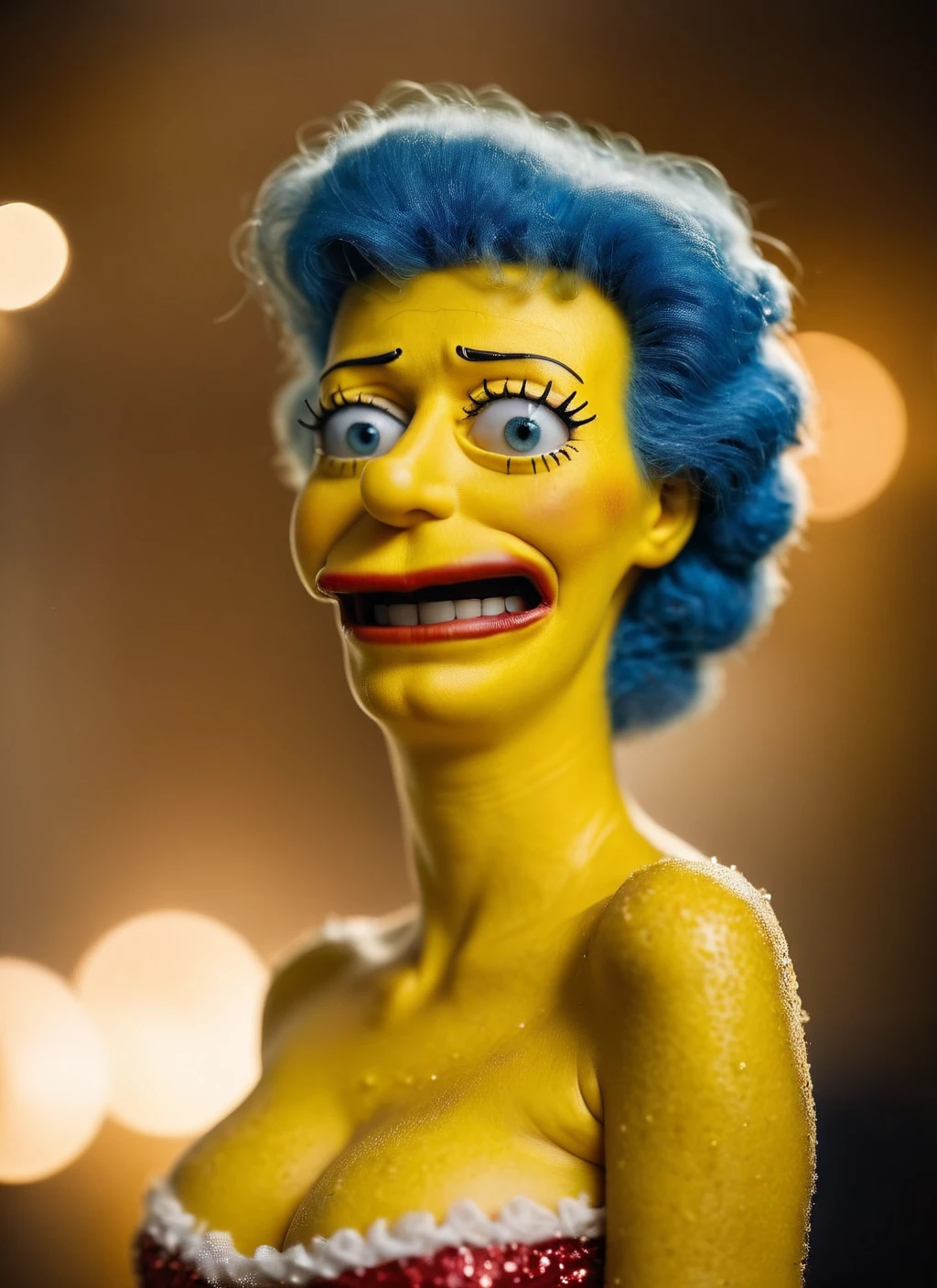 marge simpson, realistic mid shot photo, bokeh