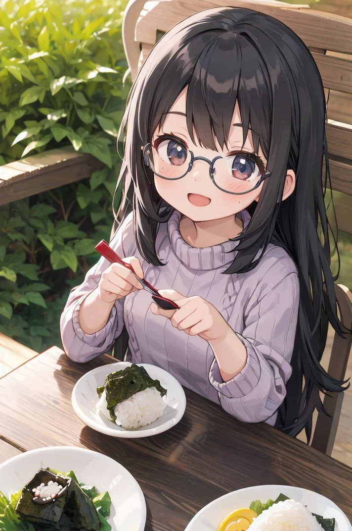 masterpiece, best quality,
1girl, solo, glasses, black hair, long hair, white ribbed sweater, happy, smile, looking at viewer, open mouth, solo focus, sitting, across table, 
onigiri, food, food focus, still life, plate, rice, table, wooden table, nori (seaweed)
 <lora:onigiri_SD15_V1:1>