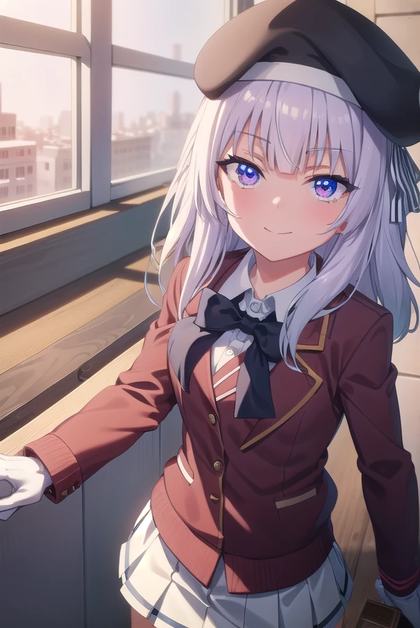 arisusakayanagi, <lora:arisu sakayanagi s3-lora-nochekaiser:1>,
arisu sakayanagi, long hair, bangs, (purple eyes:1.1), white hair, blunt bangs, smile,
BREAK skirt, shirt, gloves, long sleeves, hat, bow, school uniform, jacket, white shirt, pleated skirt, collared shirt, miniskirt, bowtie, black headwear, black bow, beret, blazer, (white skirt:1.5), (red jacket:1.5), grey skirt, black bowtie,
BREAK indoors, classroom,
BREAK looking at viewer, (cowboy shot:1.5),
BREAK <lyco:GoodHands-beta2:1>, (masterpiece:1.2), best quality, high resolution, unity 8k wallpaper, (illustration:0.8), (beautiful detailed eyes:1.6), extremely detailed face, perfect lighting, extremely detailed CG, (perfect hands, perfect anatomy),