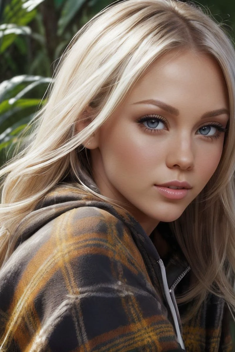 closeup headshot of S344_BreaBennett,a beautiful woman,in a (jungle),wearing a (plaid-sweatshirt:1.1),(4k, RAW photo, best quality, depth of field, ultra high res:1.1),(absurdres, intricate, photorealistic, masterpiece, ultra-detailed:1.1),
