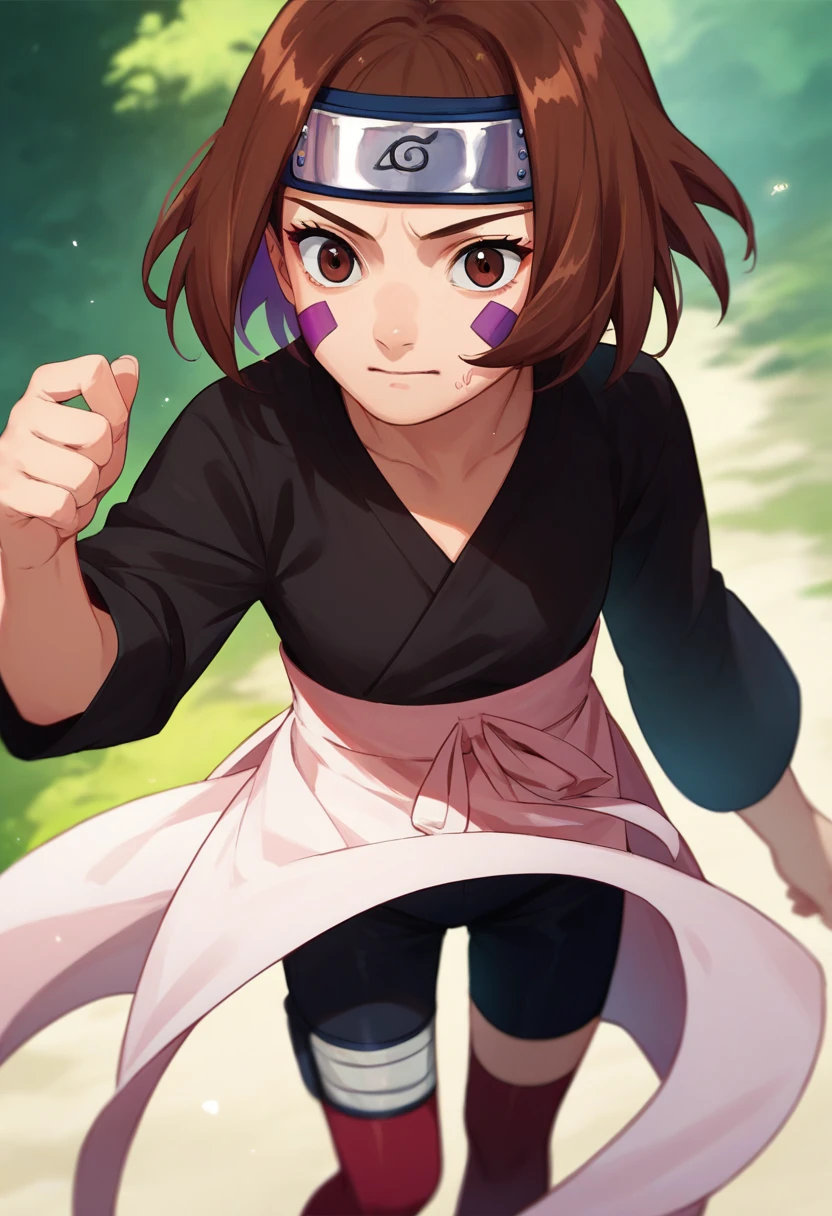 score_9, score_8_up, score_7_up, source_anime, 1girl, nohara rin, short hair, brown hair, brown eyes, purple facial mark, black shirt, long sleeves, white apron, black shorts, forehead protector, red thighhighs,  solo,  <lora:Nohara Rin 1 rep-000008:1>