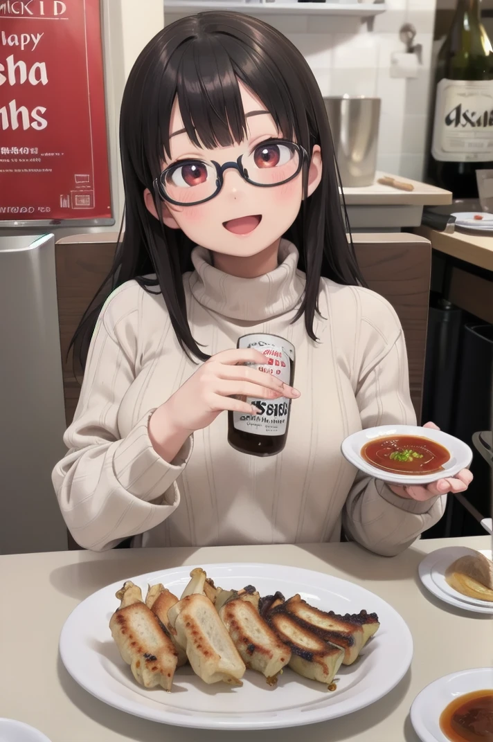 masterpiece, best quality,
1girl, solo, glasses, black hair, long hair, white ribbed sweater, happy, smile, looking at viewer, open mouth, solo focus, sitting, across table, 
gyouza, plate, food focus, still life, food, realistic, bottle, table, alcohol
 <lora:gyouza_SD15_V1:0.8>