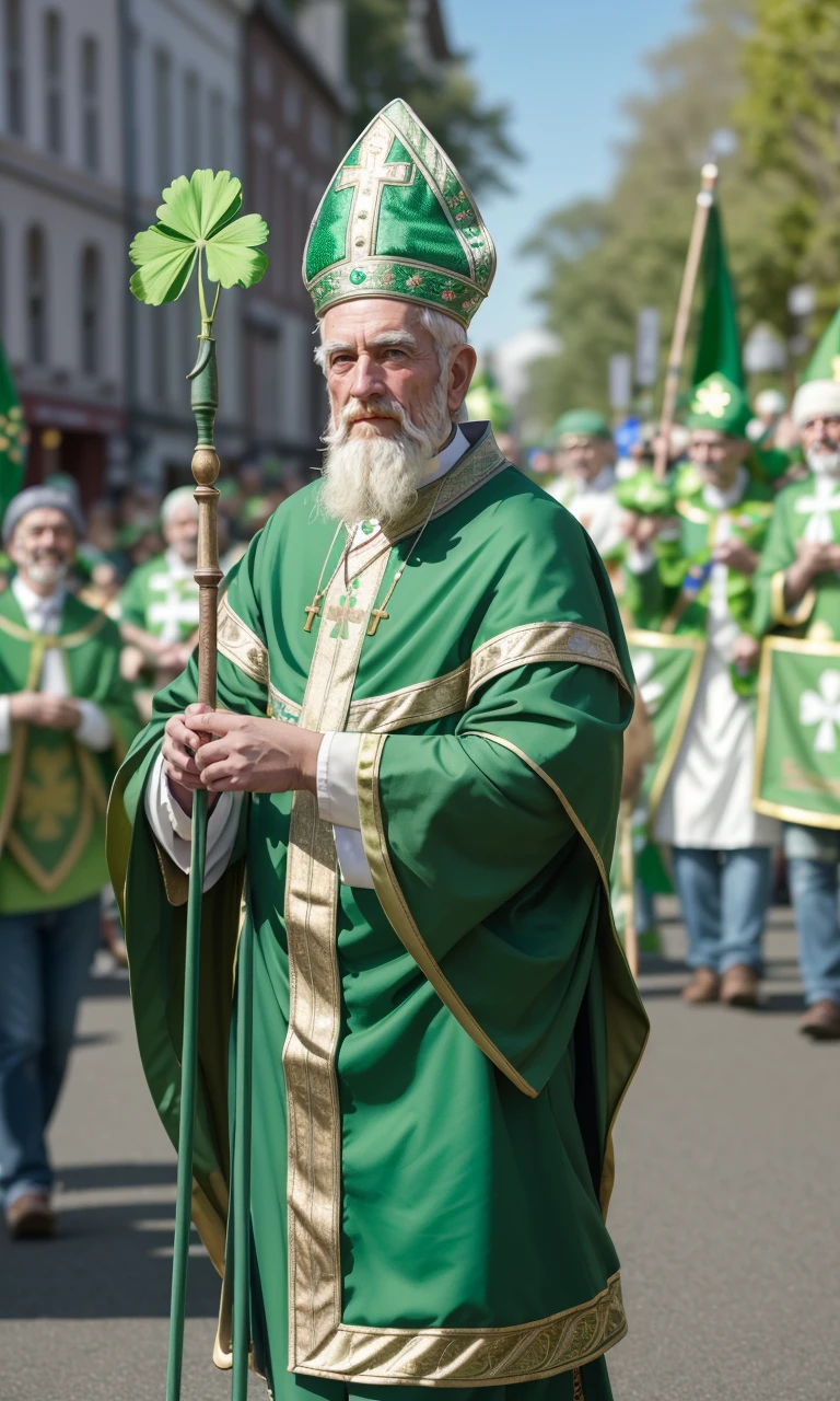 stpatt2024, 1man, 8k, uhd, masterpiece, detailed skin, skin pores, intricate, depth of field, raw image, 5 fingers, best quality, holding staff, clover, parade, walking,