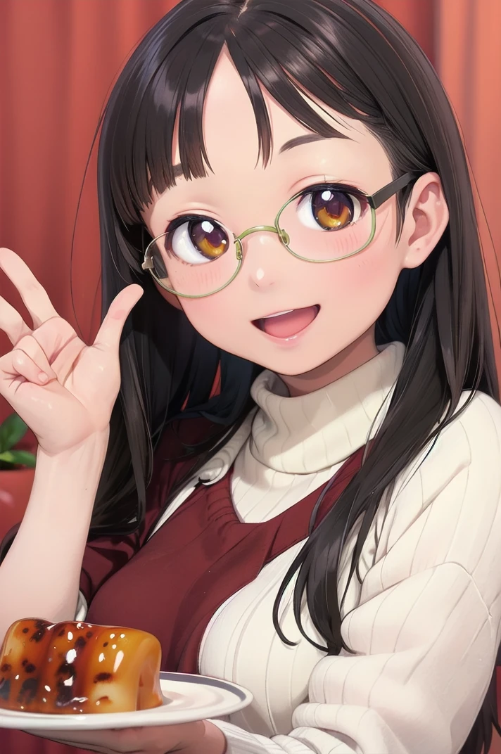 masterpiece, best quality,
1girl, solo, glasses, black hair, long hair, white ribbed sweater, happy, smile, looking at viewer, open mouth, solo focus, holding, 
mitarashidango, wagashi, food focus, food, still life, realistic, plate, simple background
 <lora:mitarashidango_SD15_V1:1>