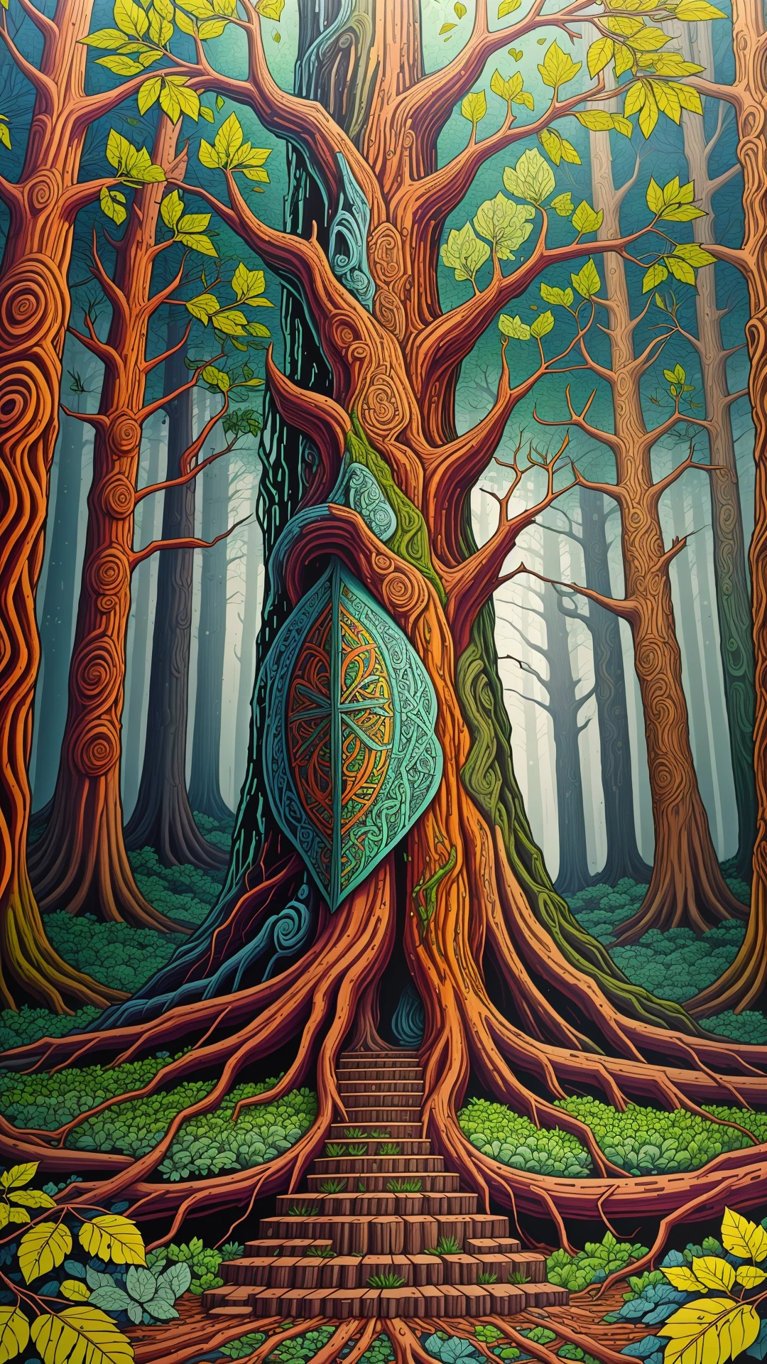 <lora:GaelicPatternStyle:1> GaelicPatternStyle giant redwood with rough bark towering over a verdant forest floor