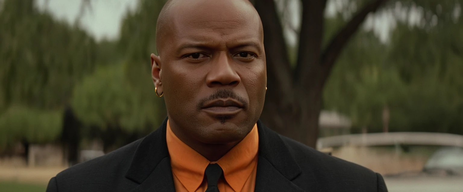 cinematic film still of  <lora:Pulp Fiction style:1>
Marsellus Wallace Ving Rhames a brown man in a suit and orange shirt is looking at the camera with a serious look on his face,solo,shirt,1boy,brown eyes,jewelry,jacket,male focus,earrings,outdoors,day,dark skin,blurry,tree,blurry background,facial hair,dark-skinned male,portrait,meme,hoop earrings,realistic,grey jacket,bald,photo background , 1990's, 90's, film, cinematic, crime and violence, classic, graphic violence, Kodak film, motion picture image,Pulp Fiction style, Pulp Fiction Film style, shallow depth of field, vignette, highly detailed, high budget, bokeh, cinemascope, moody, epic, gorgeous, film grain, grainy