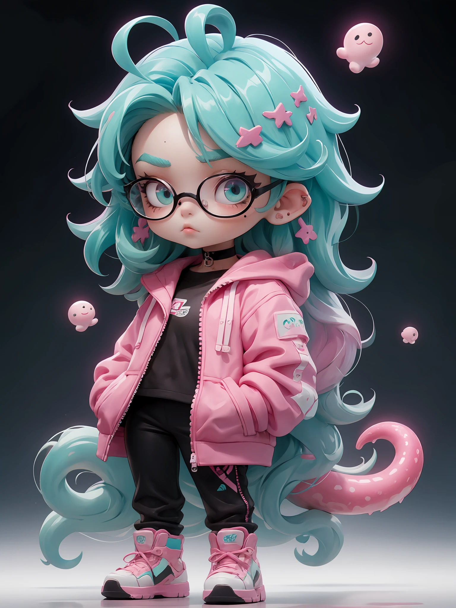 hezi, 3d, Bubble Mart, rich color, q version, 1girl, jacket, solo, tentacle hair, shoes, pants, jewelry, earrings, pink jacket, hands in pockets, glasses, full body, sneakers, open jacket, looking at viewer, open clothes, white footwear, mole, pink hair, long hair, very long hair, black pants, mole under mouth, breasts, black choker, standing, small breasts, choker, closed mouth, thick eyebrows, multicolored hair, off shoulder, makeup, green hair, reflection, black background, pointy ears, long sleeves, shirt, artist name, chibi, pink footwear, ahoge, pink-framed eyewear, aqua hair, pink skin, short hair, reflective floor, simple background, zipper, zipper pull tab, blue eyes, curly hair, octarian, sleeveless, letterman jacket, bare shoulders, denim, unzipped, gradient hair, black shirt, prehensile hair, eyelashes, green eyes, eyeshadow, blue hair, jeans, short eyebrows<lora:Bubble Mart-000004:0.6>