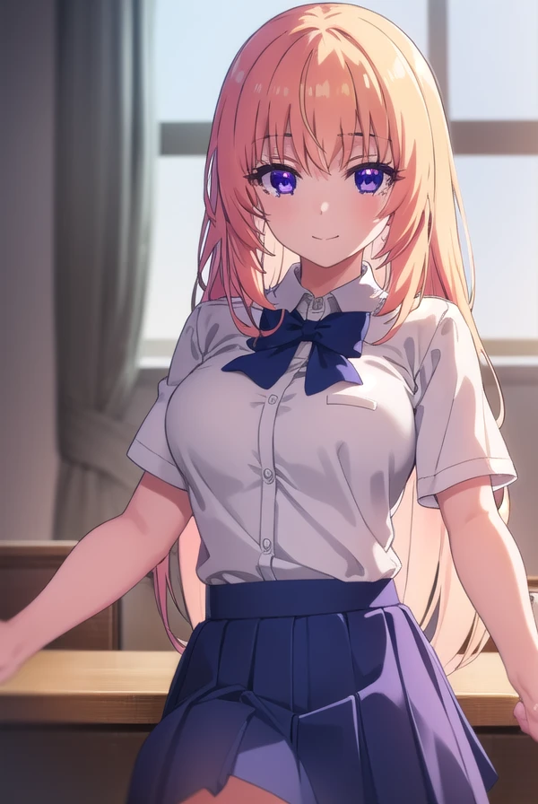 honamiichinose, <lora:honami ichinose s2s3-lora-nochekaiser:1>,
honami ichinose, long hair, blonde hair, (purple eyes:1.1), hair between eyes, smile,
BREAK skirt, bow, school uniform, pleated skirt, bowtie, blue bow, (red skirt:1.2), collared shirt, white shirt, short sleeves,
BREAK indoors, classroom,
BREAK looking at viewer, (cowboy shot:1.5),
BREAK <lyco:GoodHands-beta2:1>, (masterpiece:1.2), best quality, high resolution, unity 8k wallpaper, (illustration:0.8), (beautiful detailed eyes:1.6), extremely detailed face, perfect lighting, extremely detailed CG, (perfect hands, perfect anatomy),