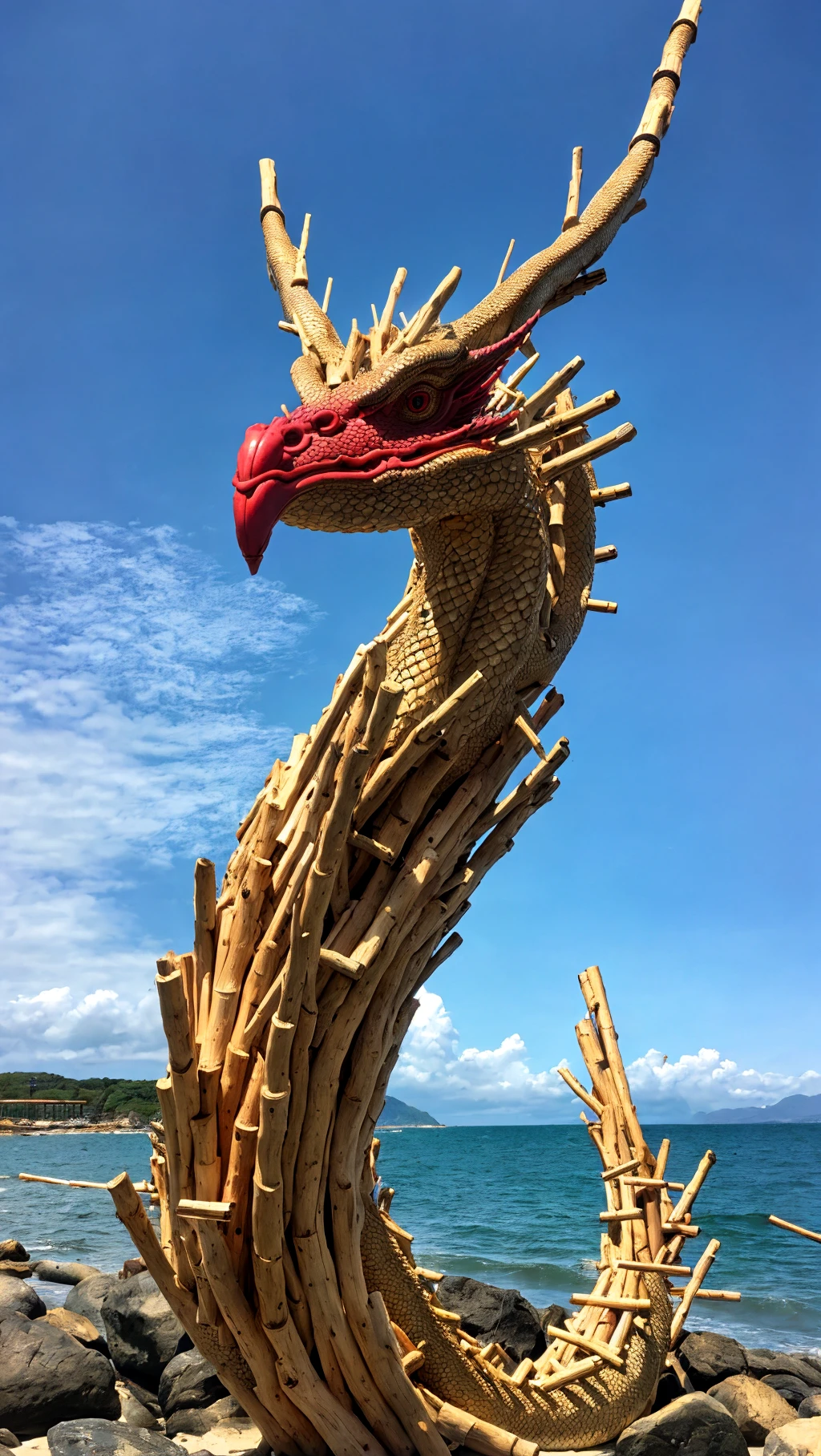 quite ((chaotic)) sculpture made of driftwood irregular branches and a few trunks composing all together an overall shape similar to an undefined (((like the dragon of Vaia))), some wood pieces are quite bleached by the sun and salted sea, on a rock on the shore, (((birds in the background))), at the evening, storming sea and leaden sea behind, photorealistic, ((dragon head made of sticks))