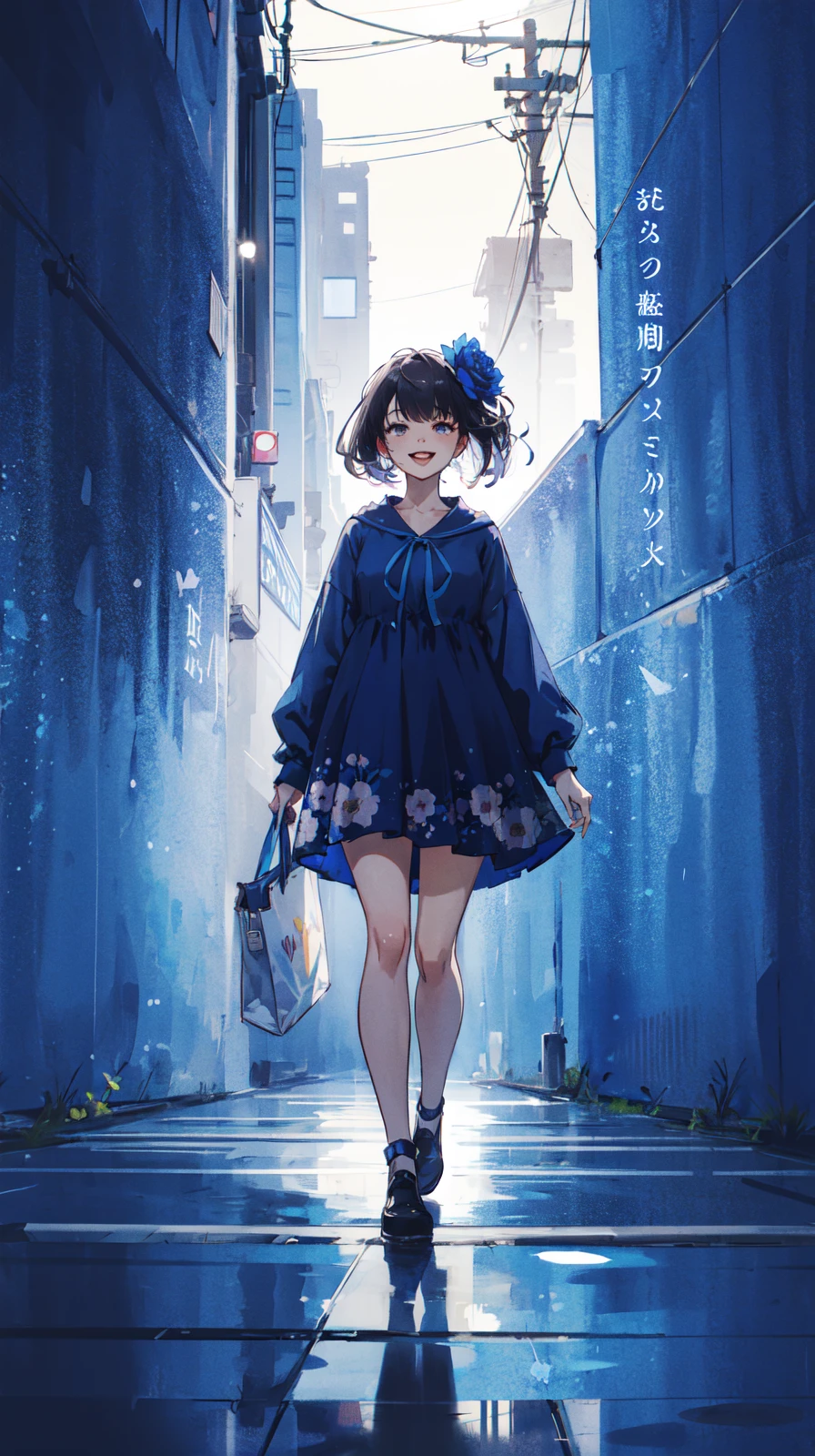 anime opening,(woman),solo,a dreamscape aesthetic in Cobalt blue theme atmosphere,mosaic background,happy,floral,(wallpaper style), trailer,cinematic,screencap,still shot,true perception,comfortable,