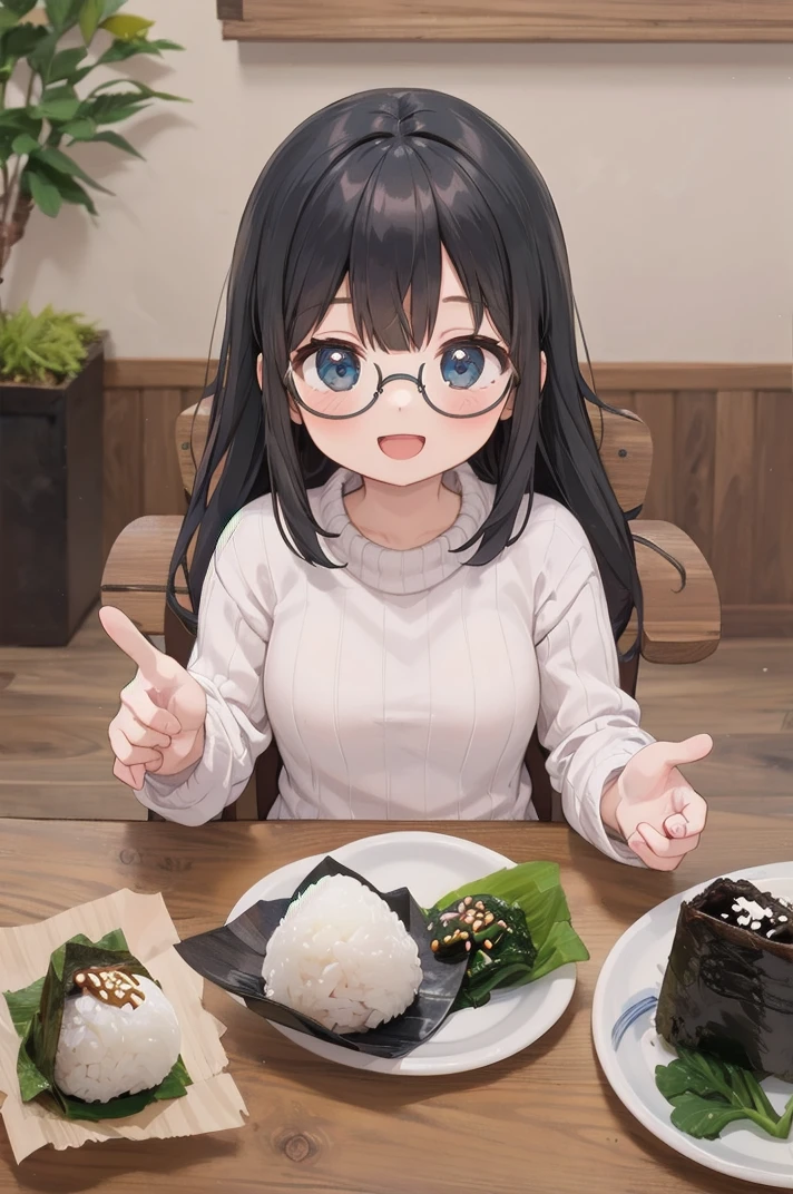 masterpiece, best quality,
1girl, solo, glasses, black hair, long hair, white ribbed sweater, happy, smile, looking at viewer, open mouth, solo focus, sitting, across table, 
onigiri, food, food focus, still life, plate, rice, table, wooden table, nori (seaweed)
 <lora:onigiri_SD15_V1:1>