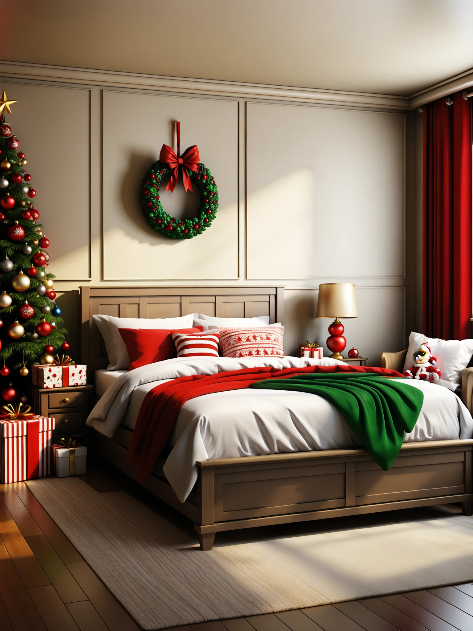 <lora:indoorsXL_V1.0-000010:0.8>,bck,interior design,Christmas theme,(photorealistic:1.2),bed room,