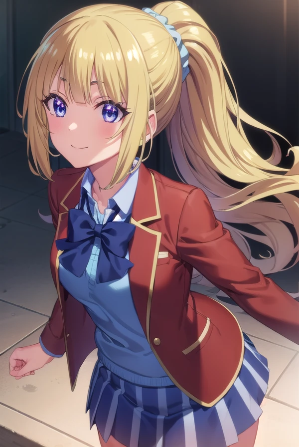 keikaruizawa, <lora:kei karuizawa s2s3-lora-nochekaiser:1>,
kei karuizawa, long hair, bangs, blunt bangs, (purple eyes:1.1), blonde hair, shirt, hair ornament, ponytail, scrunchie, blue scrunchie, smile,
BREAK skirt, shirt, bow, school uniform, jacket, (red jacket:1.2), pleated skirt, bowtie, sweater, (blue bow:1.2), (blue shirt:1.2),
BREAK indoors, classroom,
BREAK looking at viewer, (cowboy shot:1.5),
BREAK <lyco:GoodHands-beta2:1>, (masterpiece:1.2), best quality, high resolution, unity 8k wallpaper, (illustration:0.8), (beautiful detailed eyes:1.6), extremely detailed face, perfect lighting, extremely detailed CG, (perfect hands, perfect anatomy),