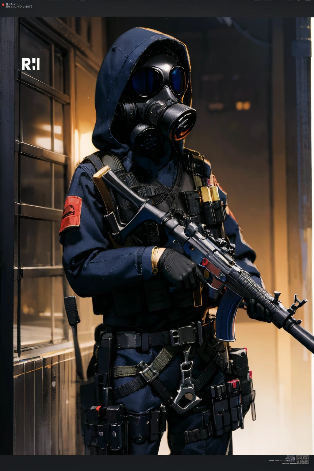 solo,1girl,outdoors,cityscape,standing,<lora:0309 British Special Air Service Counter-Terrorism Group_v1:0.9>,ruanyi0309,belt,bulletproof vest,gas mask,hood,police uniform,submachine gun,holding gun,gloves,, (photorealistic:1.4)(realistic, photo-realistic:1.4),(masterpiece, best quality:1.4),ultra high res,8k UHD,HDR,RAW,incredibly absurdres,official art,vivid colours,lens 135mm,f1.8,depth of field,cover_page,Rim lighting,magazine_cover,rim lighting,((stunning gradient colors)),
1 girl,(solo),Sit,,