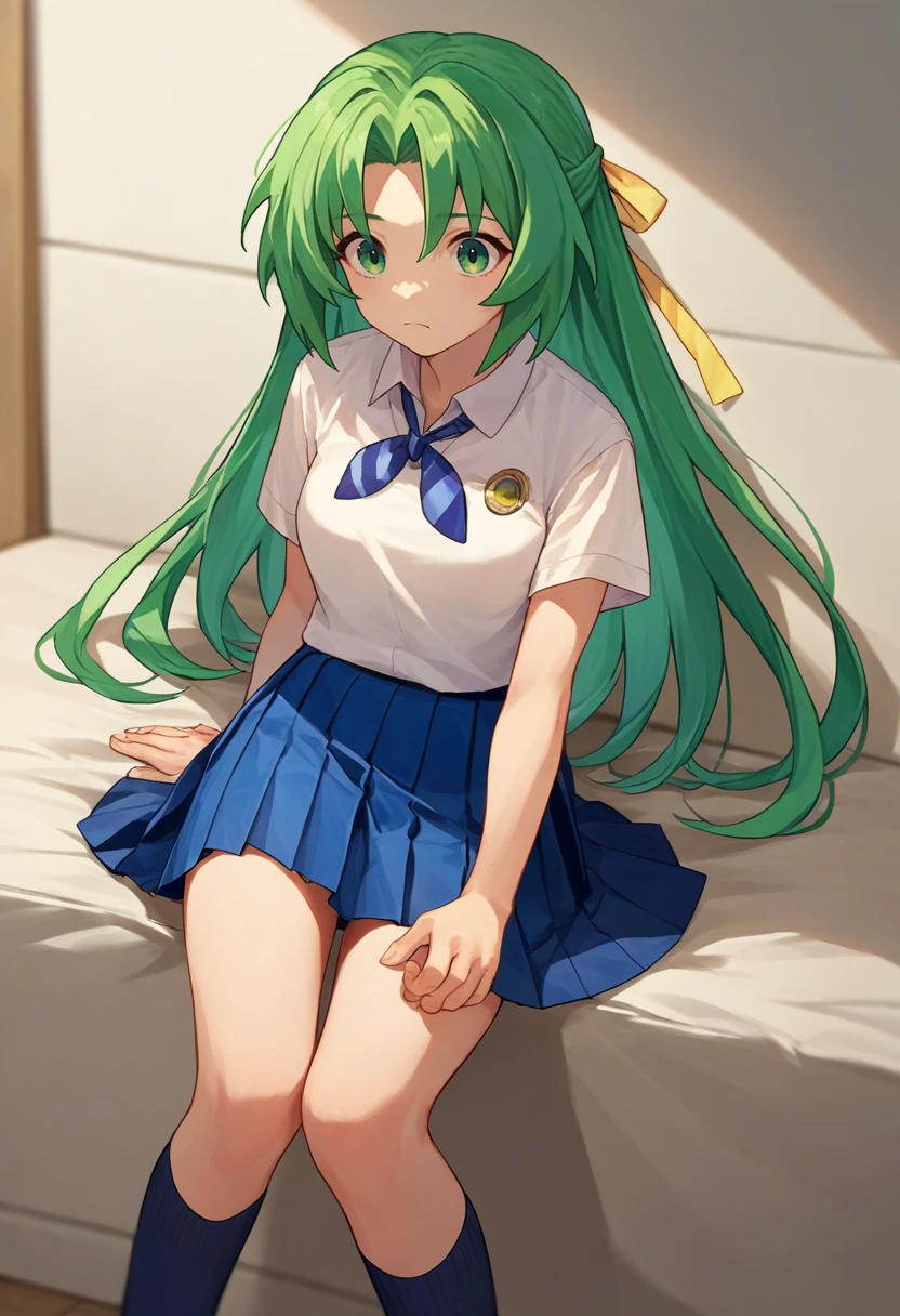 score_9, score_8_up, score_7_up, source_anime,   <lora:ShionCame-000007:1> sonozaki shion, green hair, long hair, green eyes, yellow ribbon, white shirt, blue necktie, pleated skirt, black kneehighs