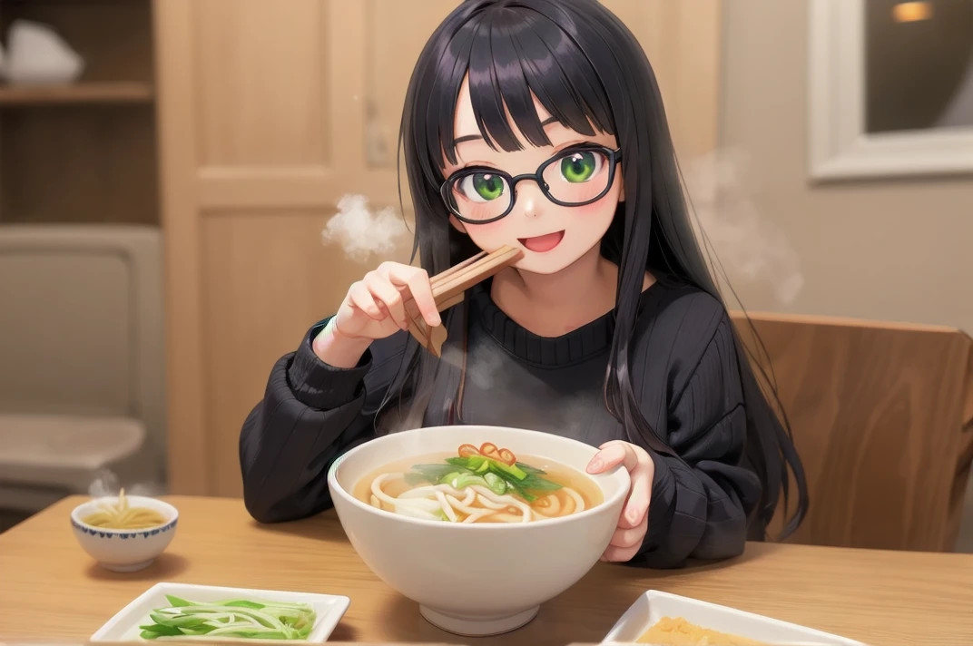 masterpiece, best quality,
1girl, solo, glasses, black hair, long hair, white ribbed sweater, happy, smile, looking at viewer, open mouth, solo focus, sitting, across table, 
kitsuneudon, food, realistic, bowl, noodles, food focus, still life, chopsticks, spring onion, soup, steam, blurry
 <lora:kitsuneudon_SD15_V1:0.8>