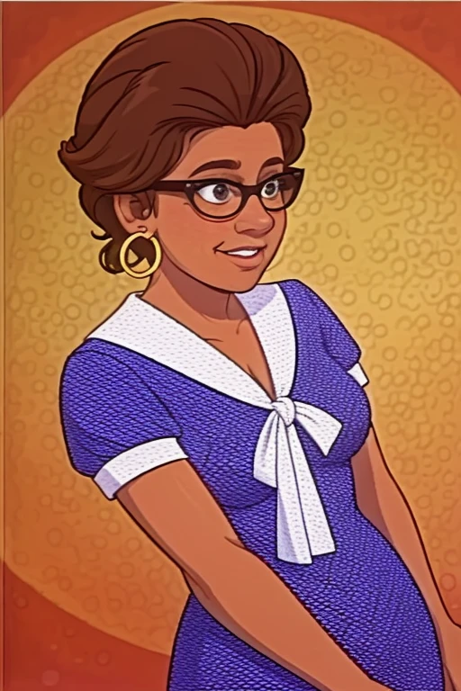 <lora:Connie Bake:1> connie_tpir, woman, middle age, brown hair, hair in bun, hoop_earrings, 1960s, black frame glasses, blue polkadot dress, white polkadot neckerchief, nametag on chest, jewelry, necklace, smile, <lora:LCM_SD15:1.0>