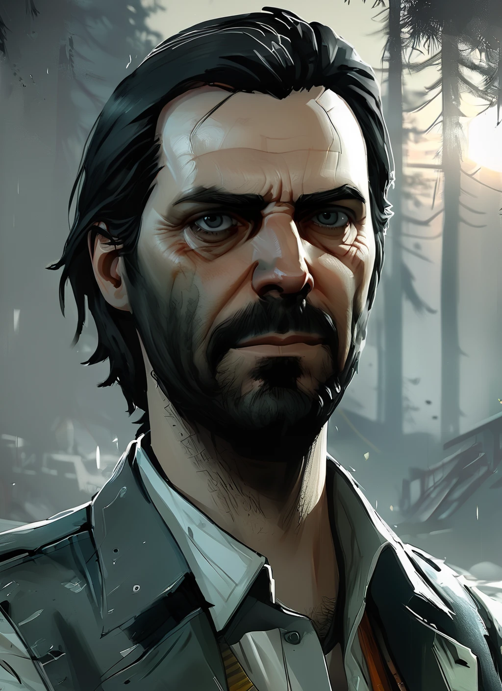 disco elysium style, alan wake, mid shot portrait, concept art