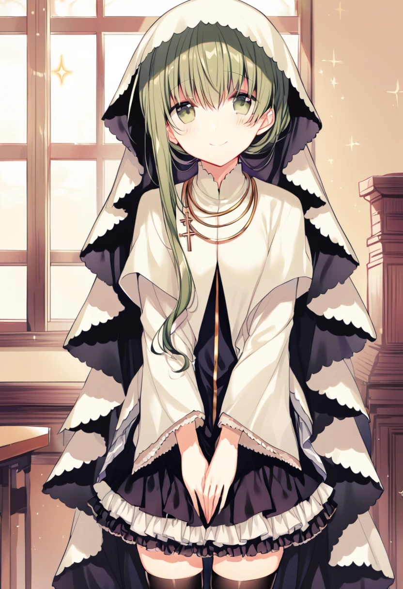 1girl, cecilia \(shiro seijo to kuro bokushi\), official art, green eyes, green hair, smile, thighhighs, solo, black legwear, looking at viewer, window, eyebrows visible through hair, long sleeves, indoors, closed mouth, necklace, jewelry, own hands together, veil, blush, standing, wide sleeves, very long hair, black skirt, sparkle, 1girl, male focus, zettai ryouiki, blue dress, white capelet, v arms, robe, hair between eyes, pleated skirt, cowboy shot, frills, sidelocks, table, white cape, cross, white dress, head tilt, asymmetrical hair, shiny, shiny hair, frilled skirt, depth of field, day, sunlight <lora:cecilia_shiro_seijo_sdxl_locon_ani_v1:0.7>