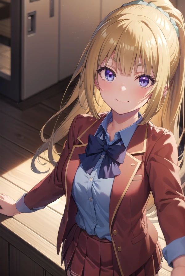 keikaruizawa, <lora:kei karuizawa s2s3-pruned-lora-nochekaiser:1>,
kei karuizawa, long hair, bangs, blunt bangs, (purple eyes:1.1), blonde hair, shirt, hair ornament, ponytail, scrunchie, blue scrunchie, smile,
BREAK skirt, shirt, bow, school uniform, jacket, (red jacket:1.2), pleated skirt, bowtie, sweater, (blue bow:1.2), (blue shirt:1.2),
BREAK indoors, classroom,
BREAK looking at viewer, (cowboy shot:1.5),
BREAK <lyco:GoodHands-beta2:1>, (masterpiece:1.2), best quality, high resolution, unity 8k wallpaper, (illustration:0.8), (beautiful detailed eyes:1.6), extremely detailed face, perfect lighting, extremely detailed CG, (perfect hands, perfect anatomy),