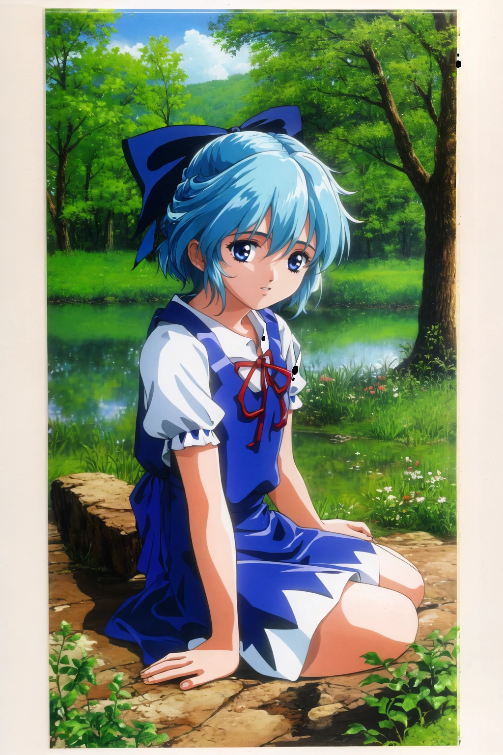 masterpiece, best quality, outdoors, from behind, solo, aqua hair, short hair, hairband, red eyes, tsurime, smile, v-shaped eyebrows, looking back, brown vest, blue ribbon, white short sleeves, brown skirt, skirt lift, pantyshot, panties, ass, koizumi hitomi