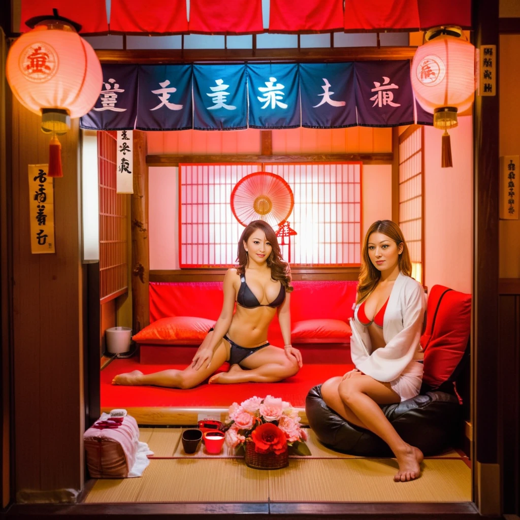 a sexy woman sitting on a couch next to a woman. <lora:ws:0.8>,Red lights, Japanese traditional architecture, entrance hall, street,underwear,Asian