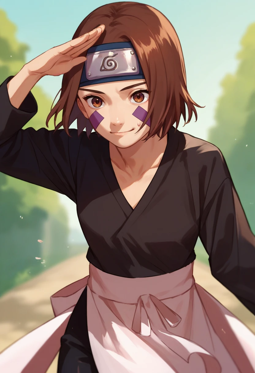 score_9, score_8_up, score_7_up, source_anime, 1girl, nohara rin, short hair, brown hair, brown eyes, purple facial mark, black shirt, long sleeves, white apron, black shorts, forehead protector, red thighhighs,  salute,   <lora:Nohara Rin 1 rep-000010:1>