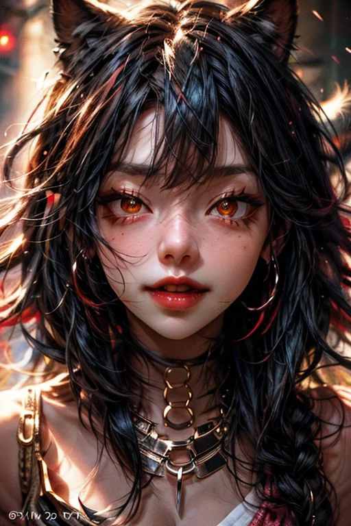 psychedelic style abstract beauty,emo girl ,nose piercing,red and black strands, centered, looking at the camera, approaching perfection, twilight,asian,brown eyes ,highly detailed, majestic, digital photography, 8k portrait