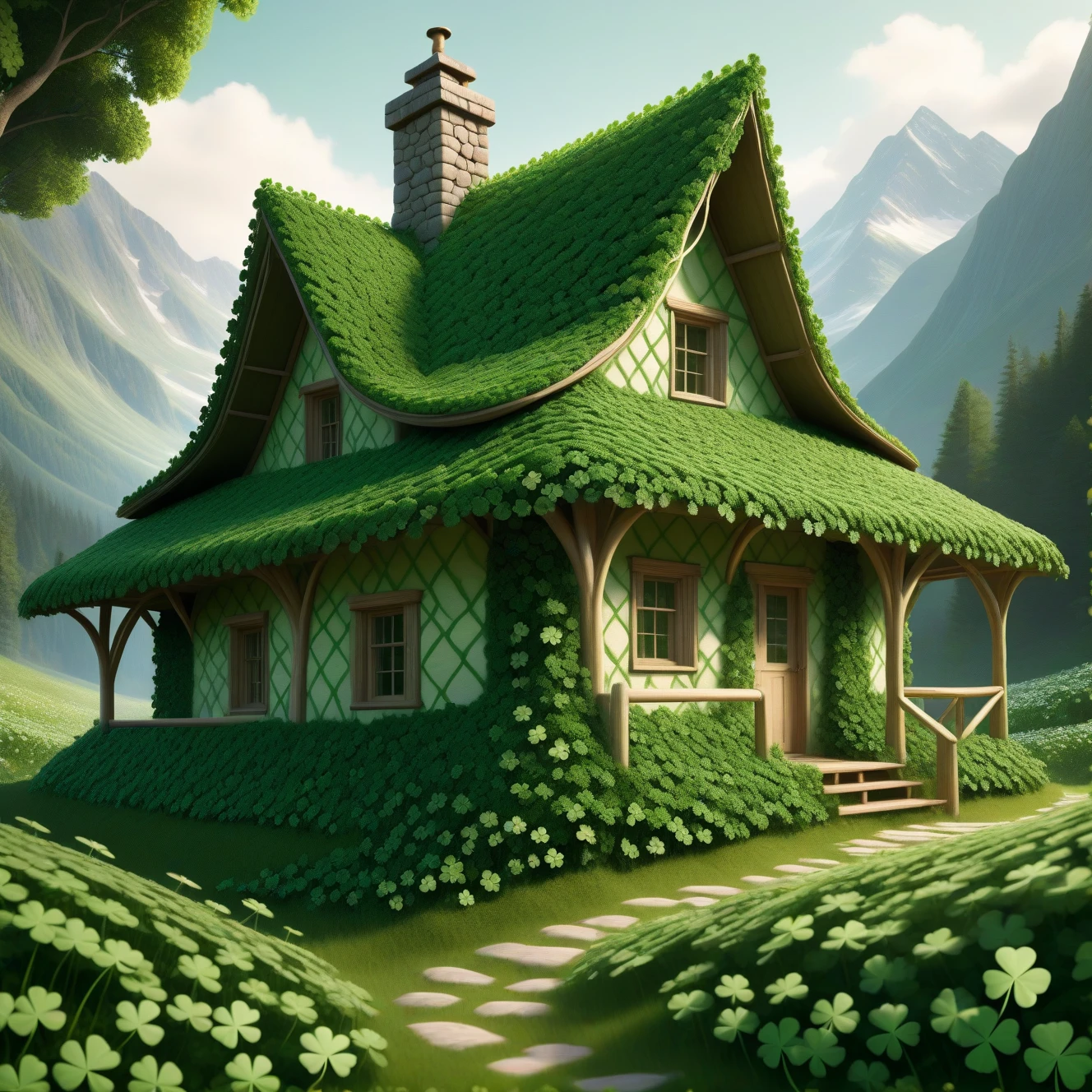 mountains, HUD_shmrck, cottage made of delicate shamrock clover leaves intricately woven together, <lora:Shamrocked:0.8>, creating a whimsical and ethereal look, highly detailed