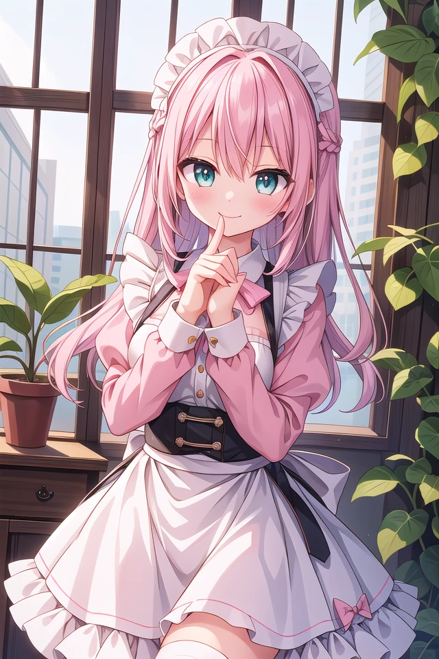 insanely detailed, absurdres, ultra-highres, ultra-detailed, best quality,
1girl, solo, nice hands, perfect hands,
BREAK
apron, blush, bow, bowtie, frilled apron, frills, long sleeves, maid, maid apron, maid headdress, waist apron, white apron
BREAK
smile, closed mouth
BREAK
finger to mouth, index finger raised, shushing, cowboy shot, looking at viewer,
BREAK
slender, kawaii, perfect symmetrical face, ultra cute girl, ultra cute face, ultra detailed eyes, ultra detailed hair, ultra cute, ultra beautiful,
BREAK
day, flower, ivy, leaf, indoors, open door, plant, potted plant, vines, window,
BREAK
white (pink:1.2) hair, green eyes, long hair, medium breasts, bangs, eyebrows visible through hair,