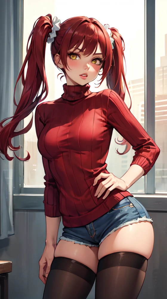 masterpiece, best quality, 1girl, solo, redhair, twintails, very long hair, yellow eyes, hair scrunchie, looking at viewer, lips, parted lips, cowboy shot, pantyhose, short shorts, turtleneck, ribbed sweater,