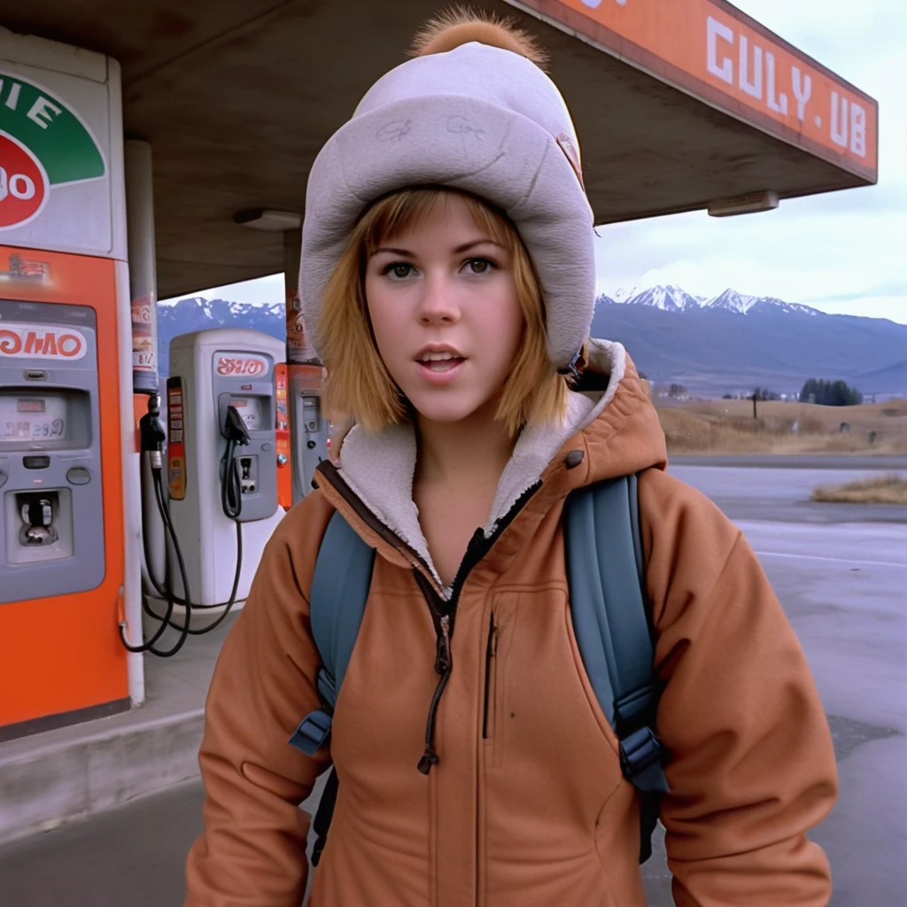 gopro film still from the front recording a thin, full-grown, and italian ((lenaxl1)); wearing a rugged mountain attire with a padded jacket and a backpack with spikes; featuring a ginger curly bob haircut with a freckled face. shown posing wearing a hat within a post-apocalyptical gas station with daylight.
