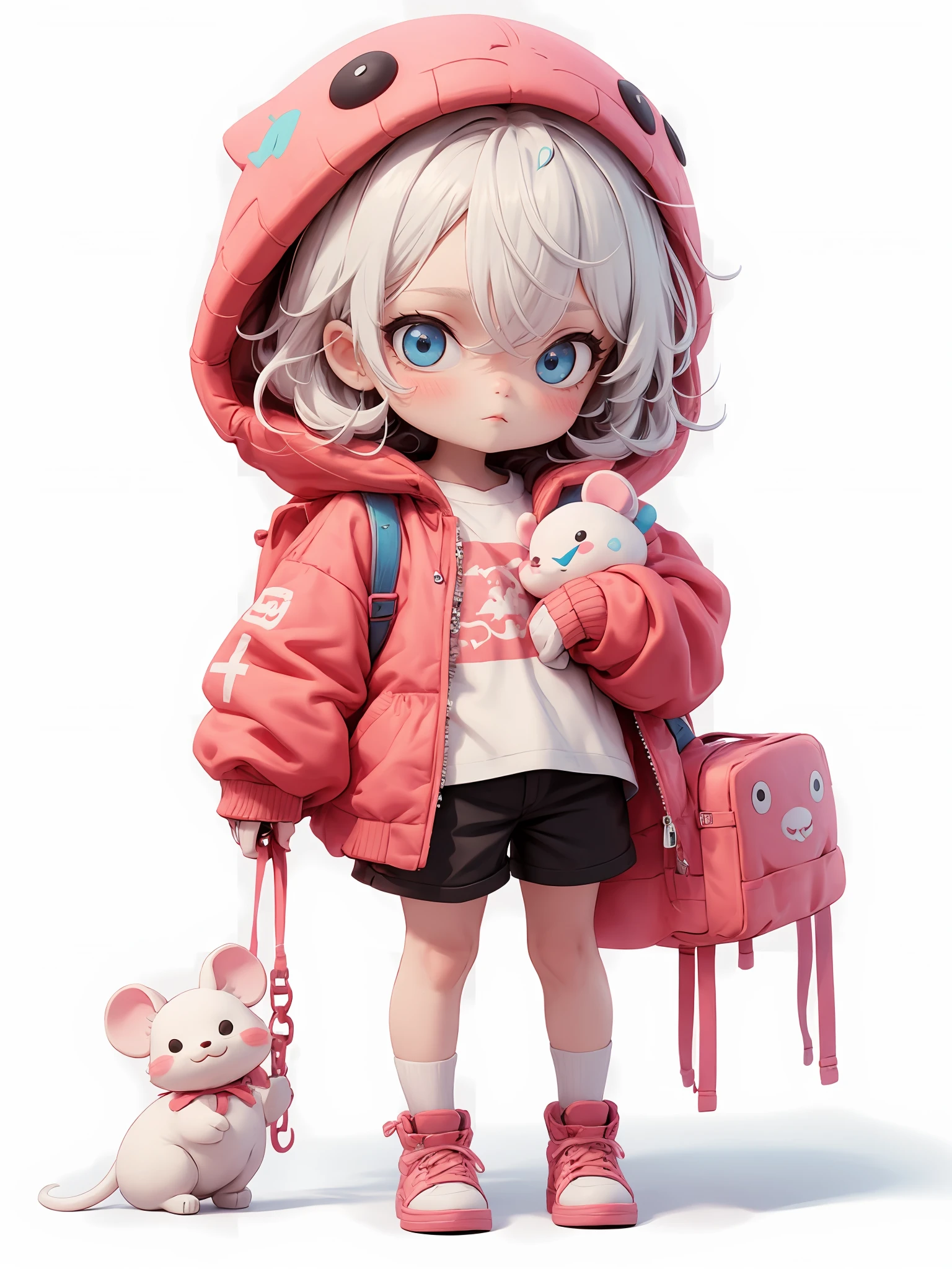 hezi, 3d, Bubble Mart, rich color, q version, 1girl, bag, backpack, shorts, blue eyes, shoes, solo, hat, shirt, looking at viewer, full body, child, blush, standing, pink footwear, blonde hair, mouse, randoseru, female child, white hair, long sleeves, chibi, closed mouth, white shirt, sneakers, medium hair, hair ornament, animal ears, stuffed toy, white headwear, food, black background, stuffed animal, jacket, holding strap, pink socks, blue shorts, expressionless, simple background, animal, long hair, artist name, bangs, short hair, boots, messy hair, red footwear, shadow, short shorts, charm \(object\), bow<lora:Bubble Mart-000004:0.6>