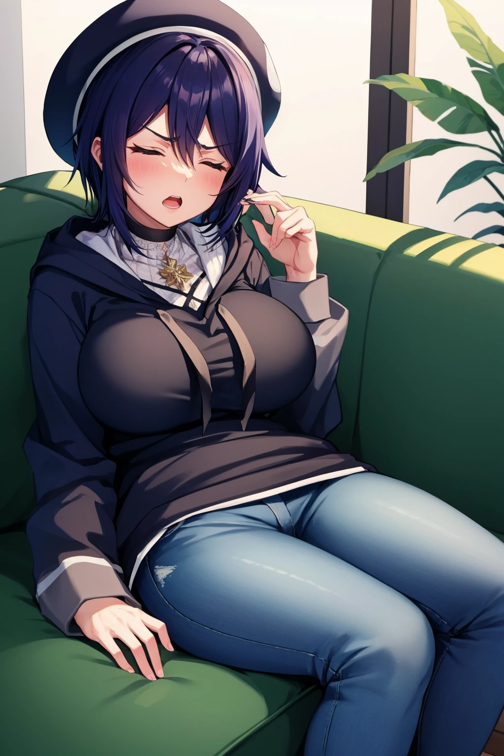 masterpiece, best quality, <lora:otodamatamako-nvwls-v1-000010:0.9> otodama tamako, black beret, blue hoodie, jeans, large breasts, sitting, couch, closed eyes, angry, anger vein, yelling