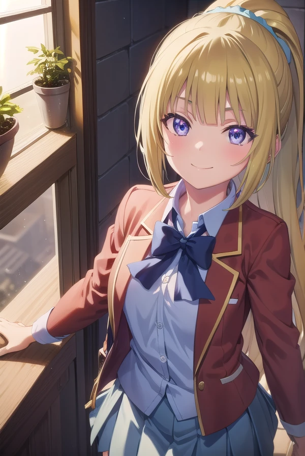 keikaruizawa, <lora:kei karuizawa s2s3-pruned-lora-nochekaiser:1>,
kei karuizawa, long hair, bangs, blunt bangs, (purple eyes:1.1), blonde hair, shirt, hair ornament, ponytail, scrunchie, blue scrunchie, smile,
BREAK skirt, shirt, bow, school uniform, jacket, (red jacket:1.2), pleated skirt, bowtie, sweater, (blue bow:1.2), (blue shirt:1.2),
BREAK indoors, classroom,
BREAK looking at viewer, (cowboy shot:1.5),
BREAK <lyco:GoodHands-beta2:1>, (masterpiece:1.2), best quality, high resolution, unity 8k wallpaper, (illustration:0.8), (beautiful detailed eyes:1.6), extremely detailed face, perfect lighting, extremely detailed CG, (perfect hands, perfect anatomy),