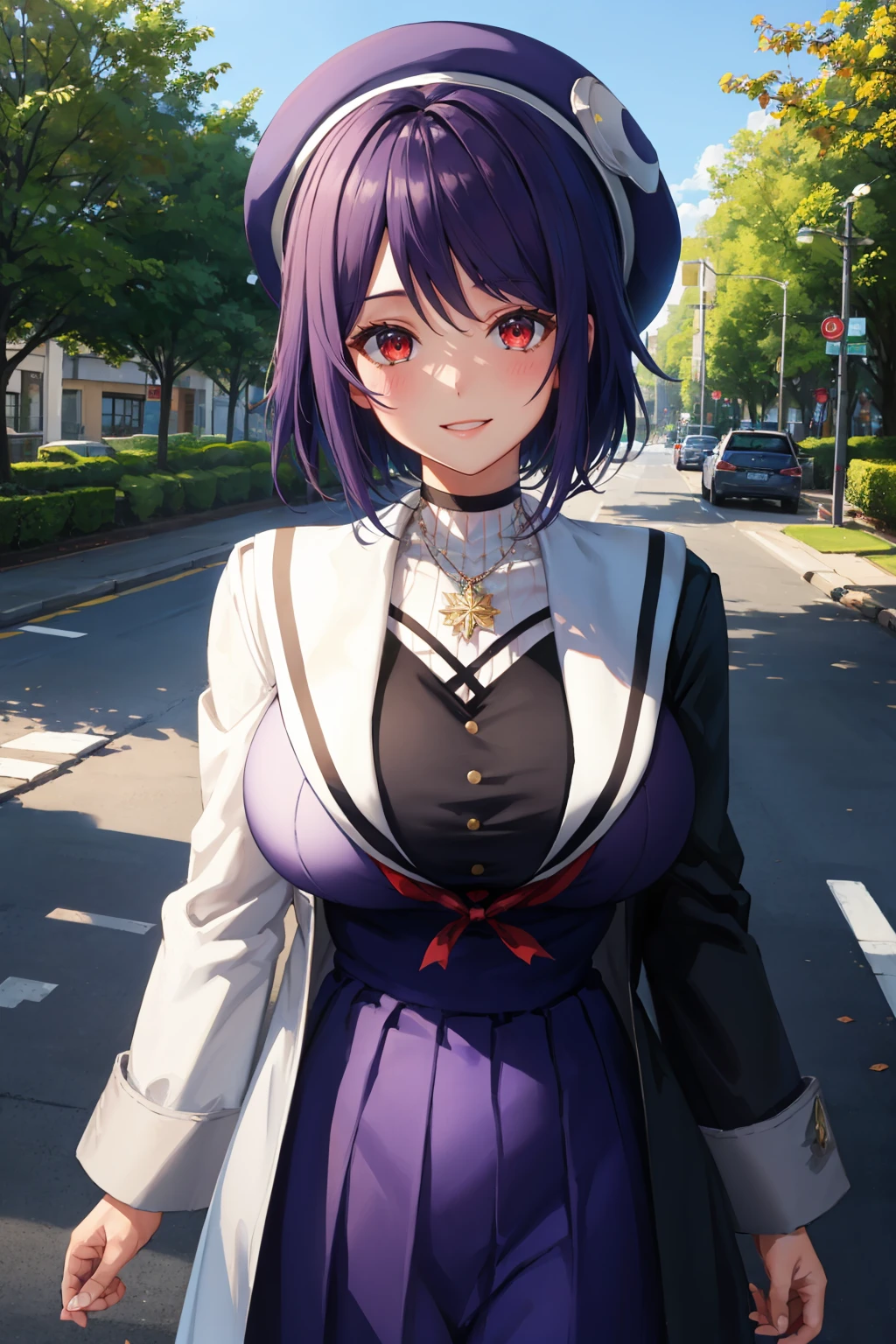 masterpiece, best quality, <lora:otodamatamako-nvwls-v1-000010:0.9> otodama tamako, beret, necklace, sailor collar, white and black coat, purple dress, large breasts, smile, trees, cityscape, blue sky