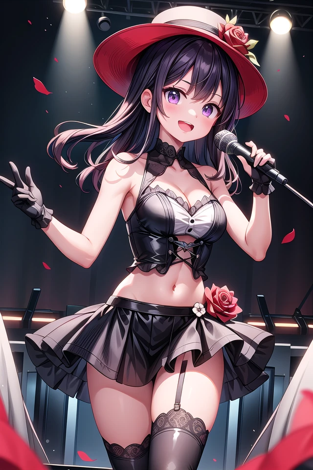 insanely detailed, absurdres, ultra-highres, ultra-detailed, best quality,
1girl, solo, nice hands, perfect hands
BREAK
(nsfw:-1.5),
(Royal:1.4), (red and black theme:1.5), ((red) bucket hat with rose corsage:1.4), (fusion of black high neck crop top and latex (red bustier):1.4), ((floral lace, see-through):1.3), ((sleeveless, bare shoulders):1.3), (red tiered skirt with black ruffles:1.4), ((ultra long gloves) with floral lace:1.3), (wrap a (cat garter) around thighs:1.4), ((red:1.3) platform HIGH boots:1.1),
(naked skin:-1), (cat:-1), (cat ear:-1), (cat tail:-1), (garter belt:-1), (strap:-1), (black skirt:-1), (white skirt:-1), (red glove:-1), (cape:-1), (slit:-1)
BREAK
happy smile, laugh, open mouth, (standing, singing, dancing, holding one microphone in left hand:1.4)
BREAK
cute pose, cowboy shot
BREAK
slender, kawaii, perfect symmetrical face, ultra cute girl, ultra cute face, ultra detailed eyes, ultra detailed hair, ultra cute, ultra beautiful
BREAK
indoors, concert hall, idol live, crowded audience
BREAK
medium large breasts
BREAK
purple hair, purple eyes, shag,