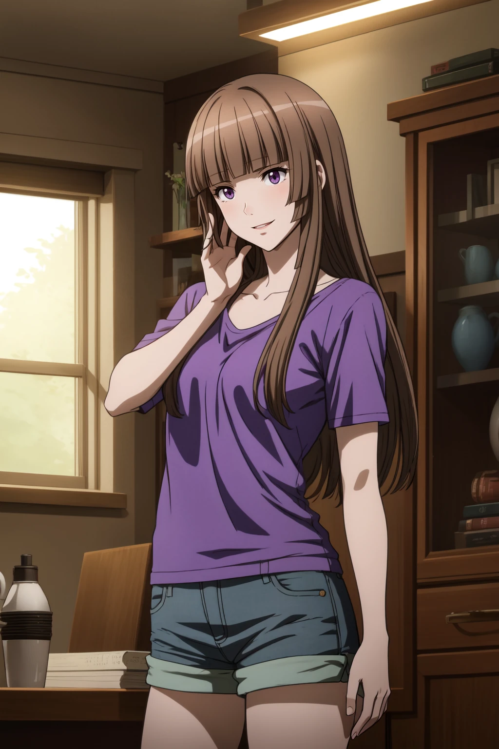 masterpiece, best quality, absurdres, 1girl, Aika <lora:FuwaAika:0.7>, (brown hair, purple eyes), blunt bangs, hime cut, long hair, short sleeves, shorts, blue shorts, short shorts, denim, purple shirt,
BREAK light smile, nice hands, perfect hands <lora:GoodHands-beta2:0.8>, beaufitul hand, beautiful finger, indoors, (perfect anatomy),  [Cinematic lighting|Volumetric Lighting], portrait, face focus  <lora:add_detail:0.4>