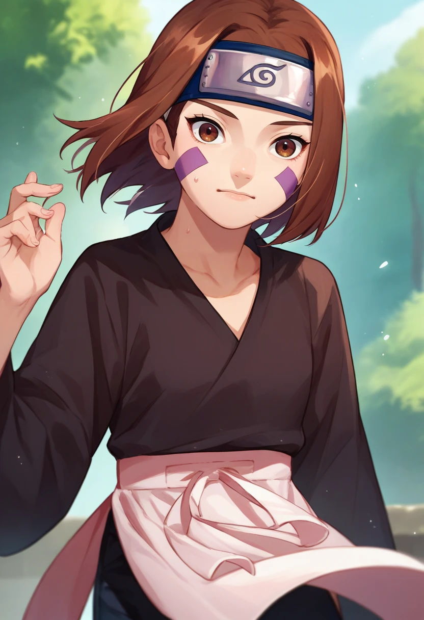 score_9, score_8_up, score_7_up, source_anime, 1girl, nohara rin, short hair, brown hair, brown eyes, purple facial mark, black shirt, long sleeves, white apron, black shorts, forehead protector, red thighhighs,  solo,  <lora:Nohara Rin 1 rep-000009:1>